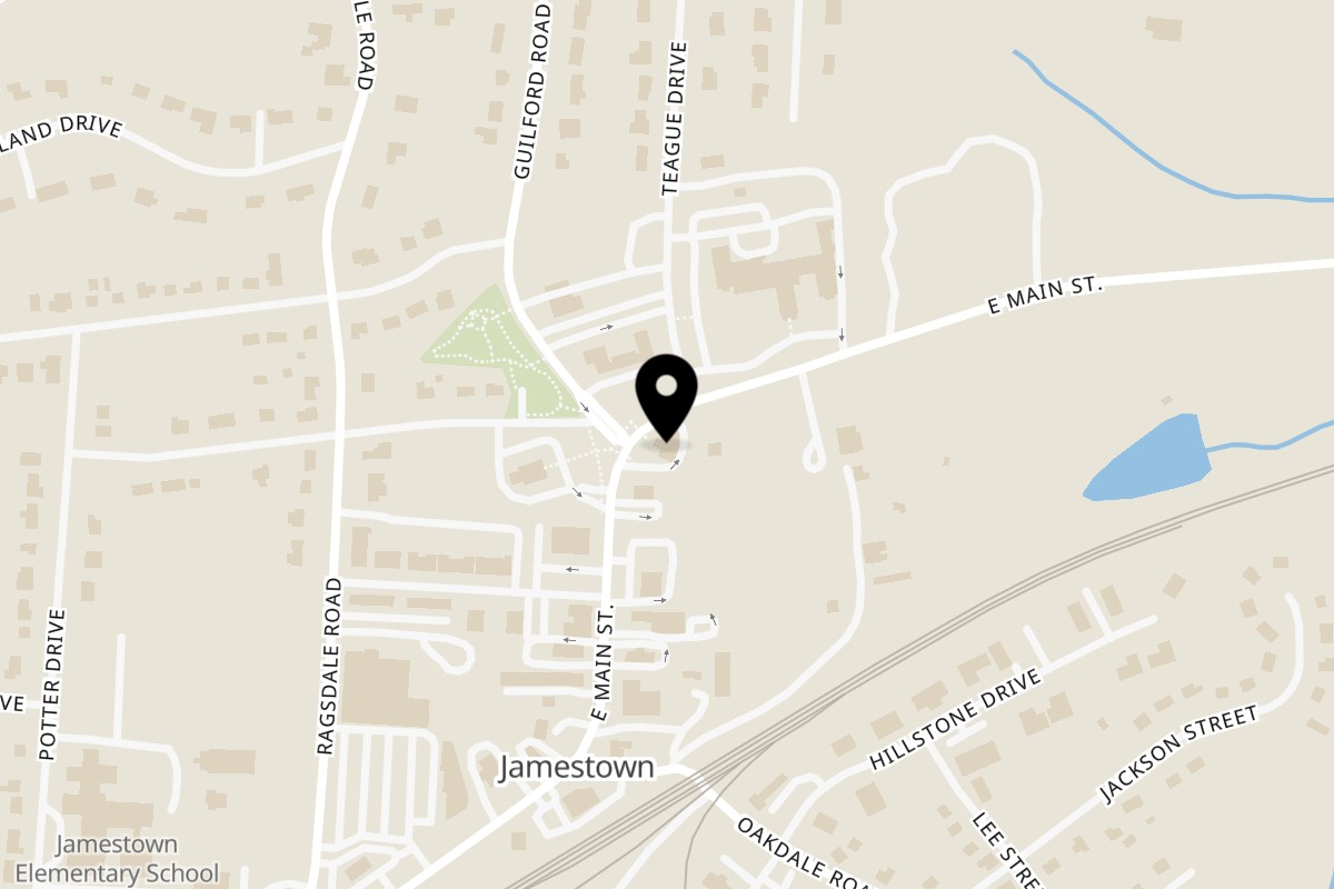 Map showing the location of Black Powder Smokehouse Jamestown on 302 E Main St in Jamestown